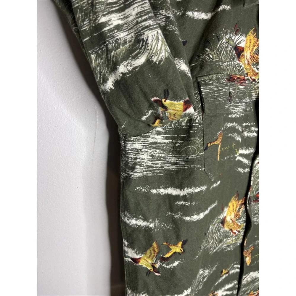 New LL Bean Slim Fit Green Duck Print Flannel Button Down Shirt Large L